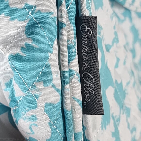 Emma & Chloe Teal White Floral Pattern Cotton Zip Large Size Quilted Tote Bag - Picture 6 of 16